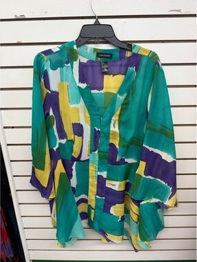 Ashley Stewart 22/24 Abstract Print Peplum Jacket Blouse Teal Purple Yellow